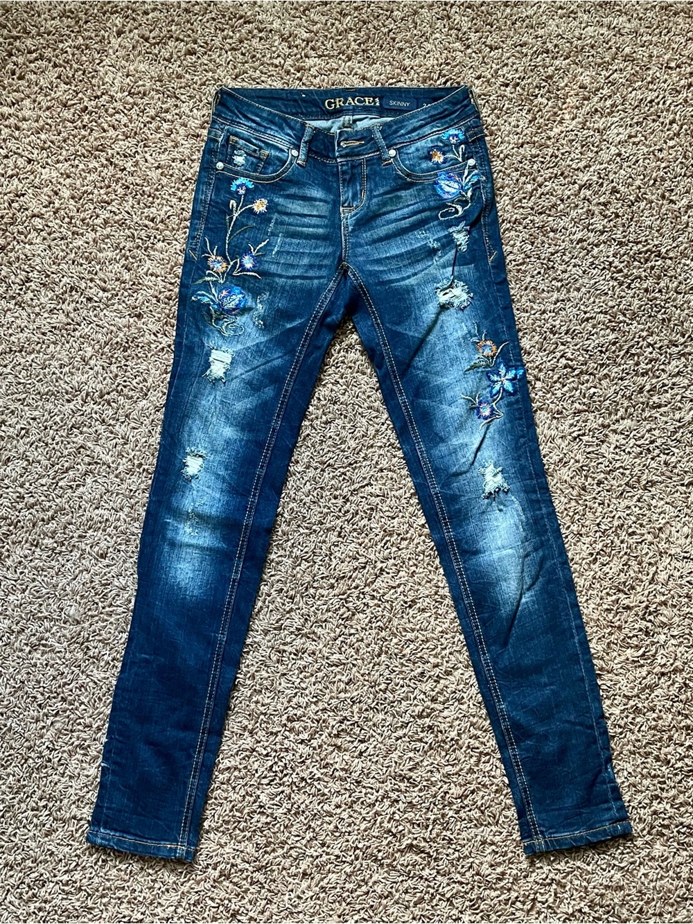 Grace in La Women's Dark Blue Embroidered Skinny Jeans